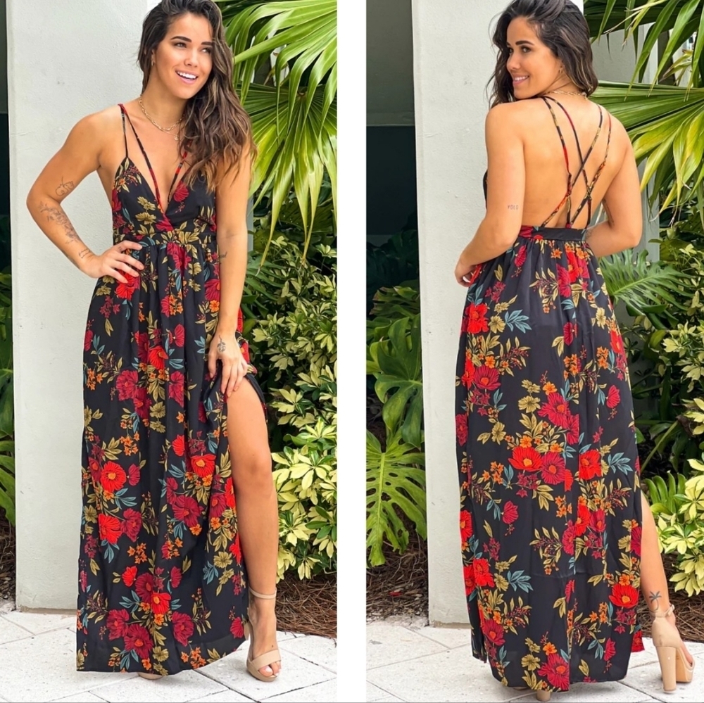 ⚫️ NEW SWEET LEMON Black Multicolor FLORAL Criss Cross Maxi Dress Size S​​